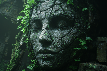 Stone Face Sculpture Covered in Moss