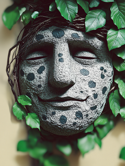 Stone Face Surrounded by Green Leaves