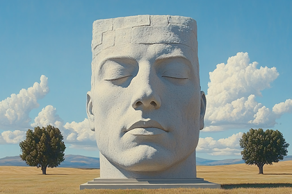 Stone Head Sculpture in Field