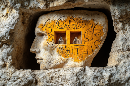 Stone Head Sculpture with Symbols and Crystals
