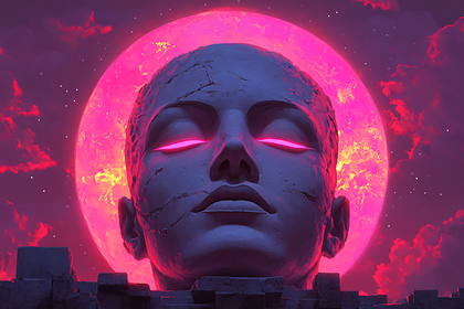 Stone Head with Glowing Eyes Under Pink Moon