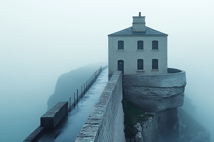 Stone House In Mist Atop Cliff Path