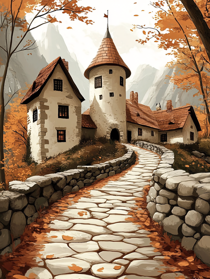 Stone Path Leading to a Quaint Cottage with Tower