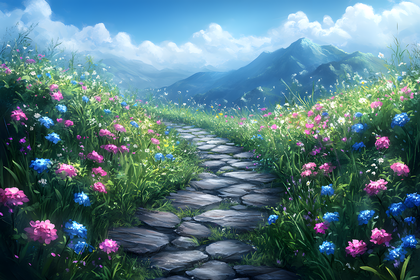 Stone Path Through Blooming Flower Field