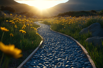 Stone Pathway Through Flower Field at Sunset
