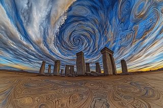 Stone Pillars Under Swirling Sky