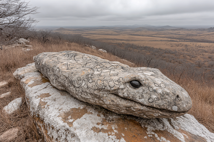 Stone Snake Sculpture Overlooking Landscape