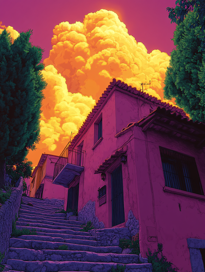 Stone Steps Leading to Houses Under Dramatic Sky