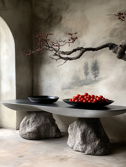 Stone Table With Cherry Tomatoes And Berry Branch