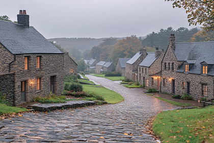 Stone Village on a Misty Day