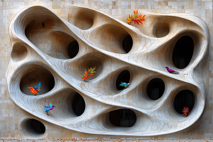 Stone Wall With Colorful Birds And Leaves