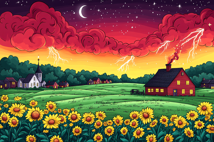 Stormy Night In Countryside With Sunflowers And Lightning