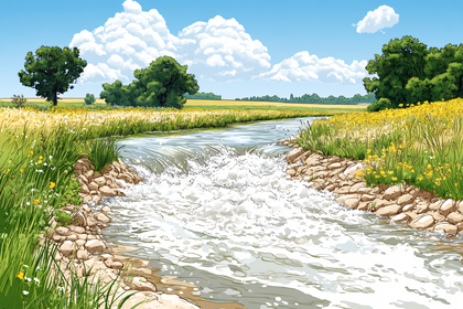 Stream Cascading Through a Grassy Meadow