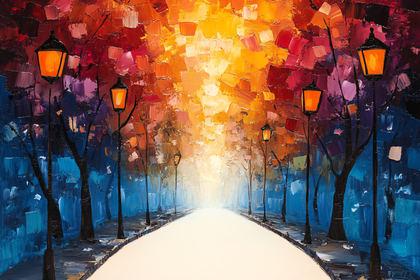 Street Scene With Lampposts At Night