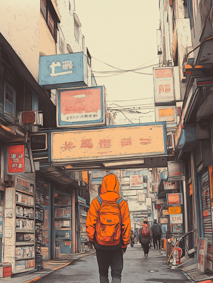Street Scene with Orange Jacket Walker