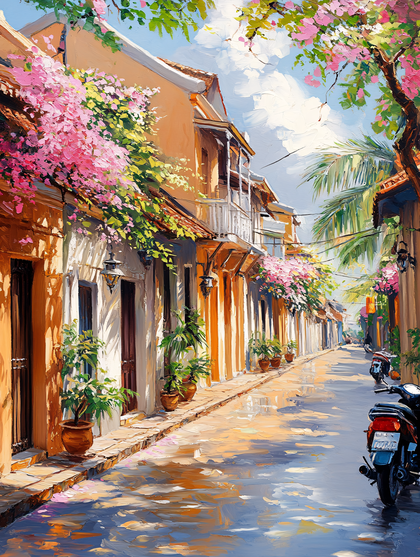 Street Scene With Pink Flowers