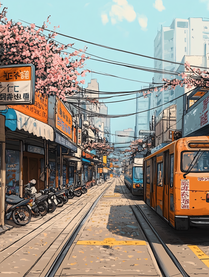 Street Scene With Tram And Cherry Blossoms