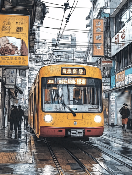 Street Scene With Yellow Tram