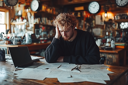 Stressed Man Overwhelmed by Work Papers
