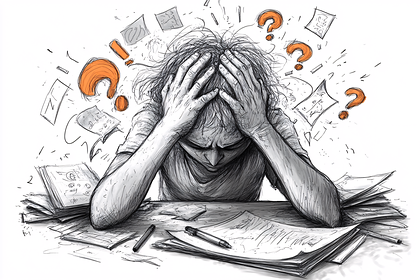 Stressed Person with Papers and Question Marks
