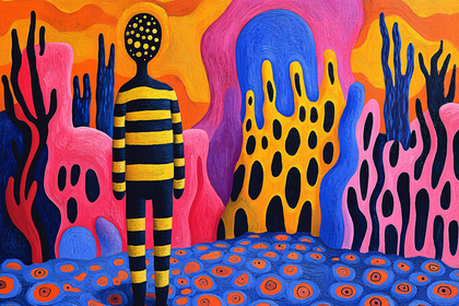 Striped Figure In Surreal Landscape