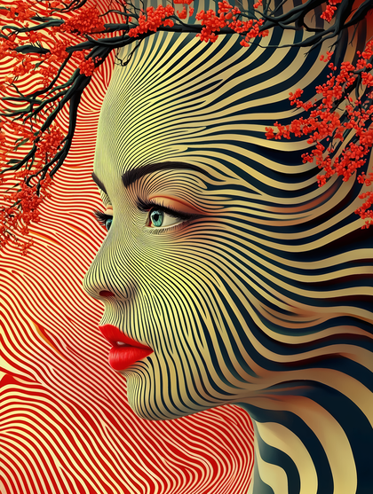 Stripped Woman Profile with Red Flowers