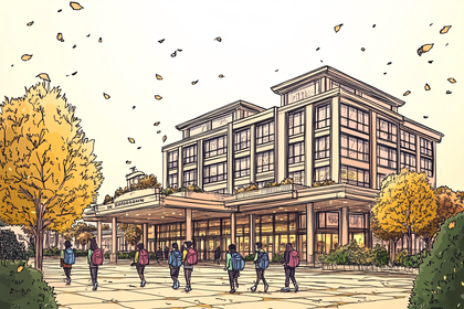 Students Entering the Building in Autumn