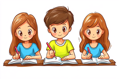 Free Download Cartoon Students Writing in Notebooks at School Desk