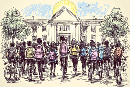 Students on Bicycles Arriving at School