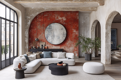 Stylish Living Room With Red Accent Wall