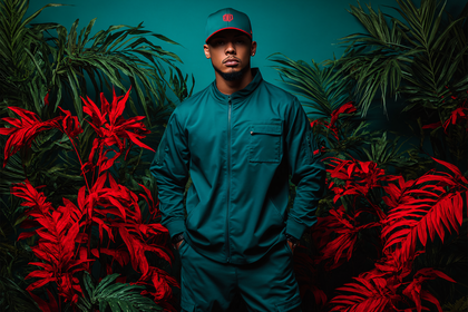 Stylish Man in Green Tracksuit Posing with Tropical Foliage