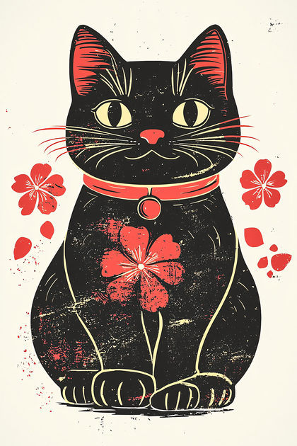 Stylized Black Cat with Red Floral Accents