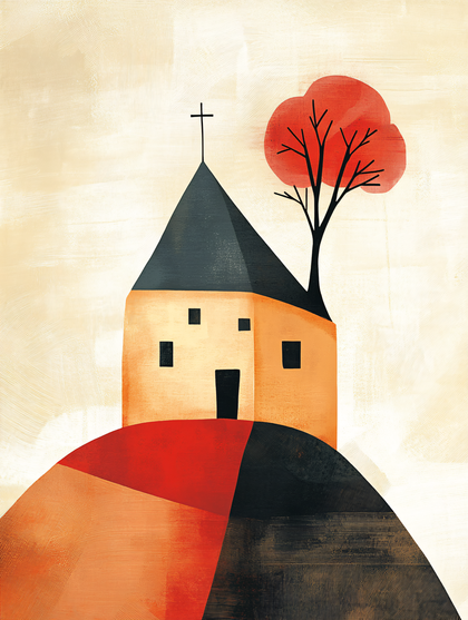 Stylized Church On A Hill With Tree