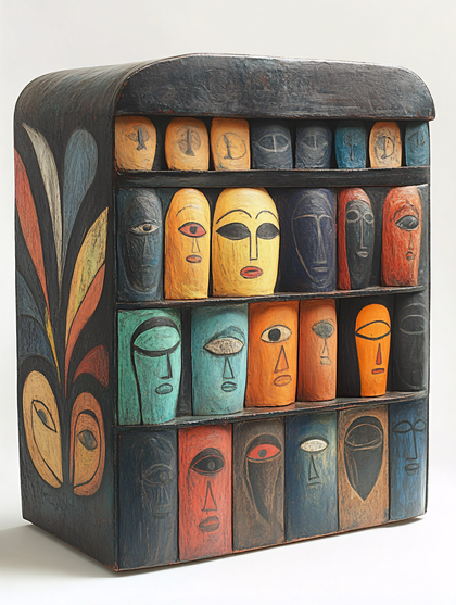 Stylized Faces Wooden Cabinet Art Piece