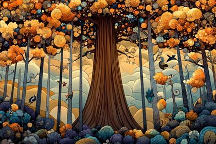 Stylized Forest Scene with Birds