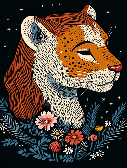 Stylized Leopard with Floral Accents