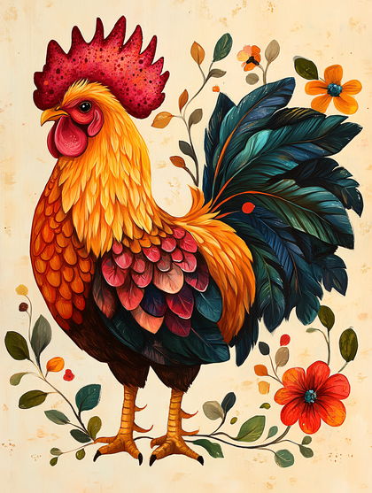 Stylized Rooster With Floral Accents