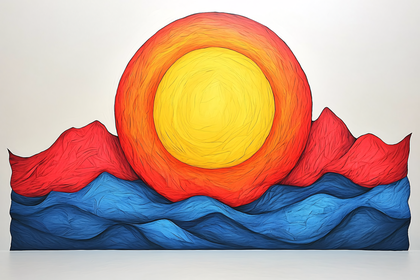 Stylized Sun Over Mountains and Waves