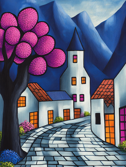Stylized Village Scene with Pink Tree