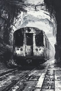 Subway Train in Dark Cave Tunnel