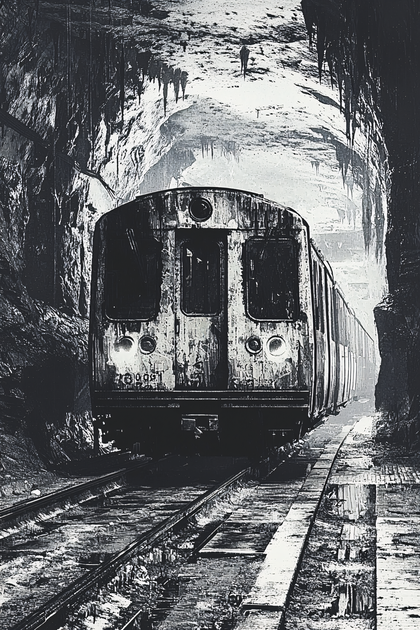 Subway Train in Dark Cave Tunnel