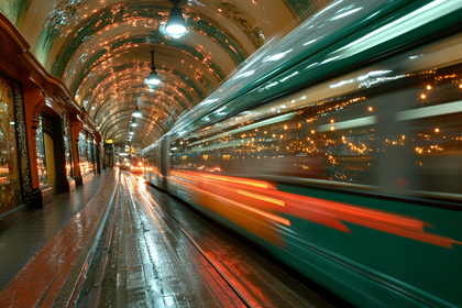 Subway Train Speeding Through Station