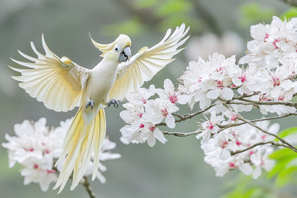 Sulphur Crested Cockatoo Flying Near White Flowers