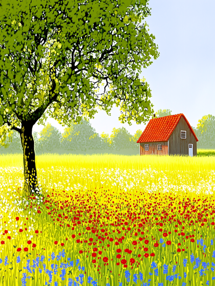 Summer Meadow With House And Tree