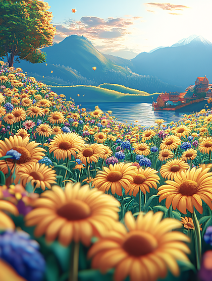 Sunflower Field By The Lake