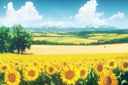 Sunflower Field Landscape with Mountains