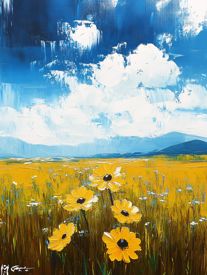 Sunflower Field Under Blue Sky Painting