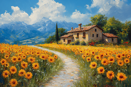 Sunflower Field with Mountain View