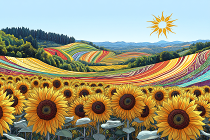Sunflower Field with Psychedelic Hills