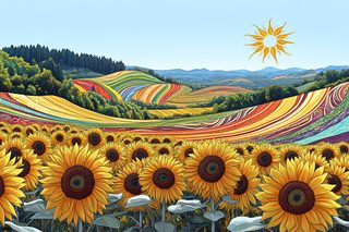 Sunflower Field with Psychedelic Hills